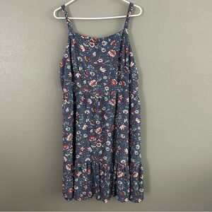 Old Navy Tiered Linen Cotton Blend Dress XL Smocked Back Red White Blue Floral